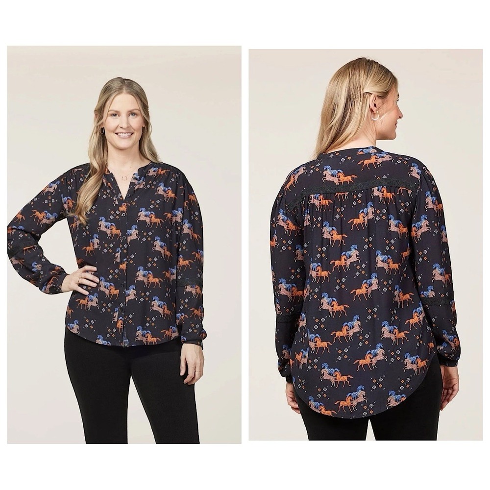 EQL by Kerrits Olivia Ecovero Top Womens Sz 2XL Black Horse Pring Long Sleeve